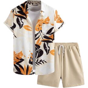 Floerns Men's Two Piece Outfit Printed Shirt Top and Drawstring Waist Shorts Set Khaki Plant Large