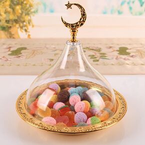 Cake Plate with Lid, Ramadan Tray Eid Mubarak Cake Tray with dome, Candy Snack Serving Tray, Golden Cake Plate for Baking Home Party Cafe Wedding