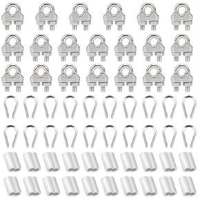 60 PCS M6 Wire Rope Accessory Set, Included 20 PCS Wire Rope Cable Clip Clamp, 20 PCS Thimble, 20 PCS Aluminum Crimping Loop Sleeve for 1/4 Inch Wire Rope Cable, 304 Stainless Steel