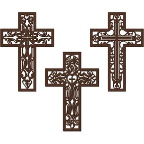 Bnesi 3 Pcs Wooden Cross Wall Home Decor Brown Cross Carved Pattern Crosses Religious Cross Decorations Handmade Antique Wall Crosses for Living Room Church Wedding Office Hospital (Brown)