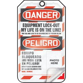Accuform Lockout Tags, Pack of 25, Bilingual Danger Equipment Lock-out My Life is on the Line with Picture Insert, US Made OSHA Compliant Tags, Tear & Water Resistant Self-Laminating PF-Cardstock with Grommets, 5.75"x 3.25", TSP107LCP