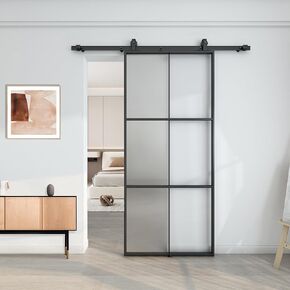 BARNSMITH 32in x 84in Aluminum Glass Barn Door with 5.5FT Hardware Included, Frosted Tempered Glass,6 Lattice, Lightweight Sliding Door, Easy Assembly