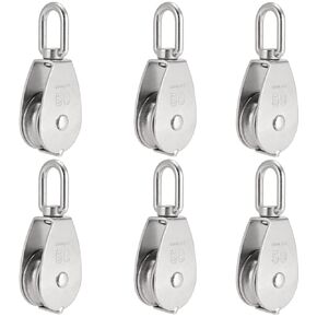 6 Pack M50 Single Pulley Block, 304 Stainless Steel Lifting Wire Crane Pulley Roller, Heavy Duty Silver Swivel Hook Single Pulley Block for 0.5 in Wire Rope, Loading 880 Lbs