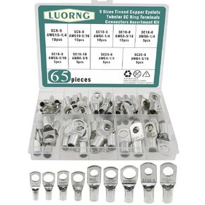 65PCS Battery Cable End Tubular Ring Terminal Connector Silver Tinned Copper Wire Lug Assortment Set for Distribution Box and Electrical Industry Battery and Inverter