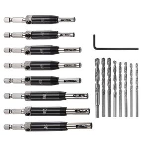 16pcs Self Centering Drill Bit Set 5/64" - 1/4" Door Hinge Drill Bit High Speed Steel Hex Shank Spring Loaded Woodworking Bits with Hex Key and Extra Replacement Drill Bits