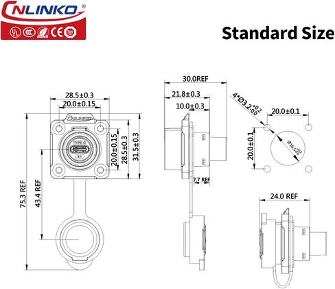 موصل مقاوم للماء بمنفذ CNLINKO LP-16 من النوع C، مقبس أوعية مثبتة على لوحة ذات 4 فتحات مع غطاء مانع للتسرب، حماية متزاوجة IP67 (نموذج معدني) in Kuwait