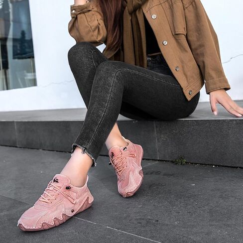 Women's Waterproof Suede Casual Walking Shoes for Hiking Camping & Driving All Season Fashion Retro Elastic Lace Up Hand Stitched Outdoor Sports Sneakers in Saudi Arabia