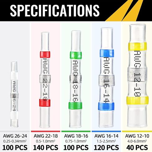 Sopoby 500PCS Solder Seal Wire Connectors, Self Soldering Heat Shrink Butt Connector Solder Sleeve Waterproof Insulated Electrical Butt Splice Wire Terminals for Marine Automotive Boat Truck in Kuwait