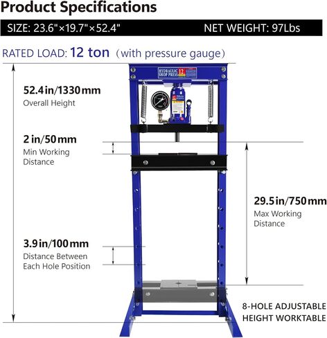 12 Ton Hydraulic Press,Benchtop Press with Press Plates,Adjustable Working Table Height,H Frame,Metal Hydraulic Shop Press for Automotive,Store,Home Mechanics,Rear Wheel Bearing Blue in Saudi Arabia