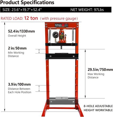 12 Ton Hydraulic Press,Benchtop Press with Press Plates,Adjustable Working Table Height,H Frame,Metal Hydraulic Shop Press for Automotive,Store,Home Mechanics,Rear Wheel Bearing Blue in Saudi Arabia
