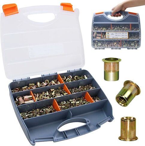 880pcs Rivet Nut Kit SAE Rivnut #6-32#8-32#10-24 1/4“-20 5/16"-18 3/8"-16 1/2"-13 Carbon Steel Yellow Zinc Plated Finish Flat Head Rivet Nuts Assortment with Case in Saudi Arabia