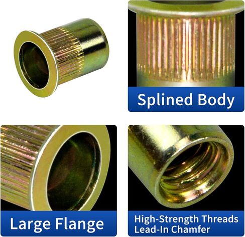 880pcs Rivet Nut Kit SAE Rivnut #6-32#8-32#10-24 1/4“-20 5/16"-18 3/8"-16 1/2"-13 Carbon Steel Yellow Zinc Plated Finish Flat Head Rivet Nuts Assortment with Case in Saudi Arabia