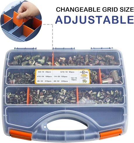 880pcs Rivet Nut Kit SAE Rivnut #6-32#8-32#10-24 1/4“-20 5/16"-18 3/8"-16 1/2"-13 Carbon Steel Yellow Zinc Plated Finish Flat Head Rivet Nuts Assortment with Case in Saudi Arabia