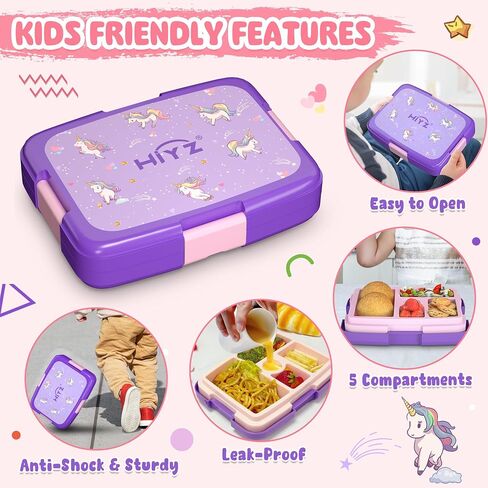 HiYZ Unicorn Bento Box for Kids, kids lunch box with 5-Compartment, Kids bento Lunch Box for ages 3-7, Leak-Proof, Durable, lunch box containers for Kid Back to School Meals, Snack Packing, Travel in Saudi Arabia