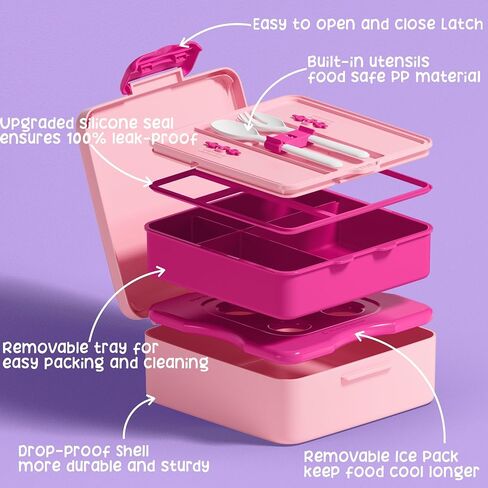 Fimibuke Chill Bento Box for Kids Adult, Leak Proof Toddler Lunch Box with Ice Pack Keep Food Cold, BPA Free 4-Compartment Lunch Container with Utensils for Girl Boy School, Microwave Dishwasher Safe in Saudi Arabia