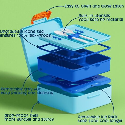 Fimibuke Chill Bento Box for Kids Adult, Leak Proof Toddler Lunch Box with Ice Pack Keep Food Cold, BPA Free 4-Compartment Lunch Container with Utensils for Girl Boy School, Microwave Dishwasher Safe in Saudi Arabia