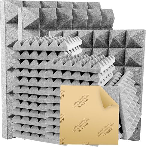48 Pack Pyramid Acoustic Panels 12" X 12" X 2" Sound Proof Foam Panels with Self-Adhesive Acoustic Foam Panels of High Density Fast Expand Studio Soundproof Wall Panels-Black in Saudi Arabia