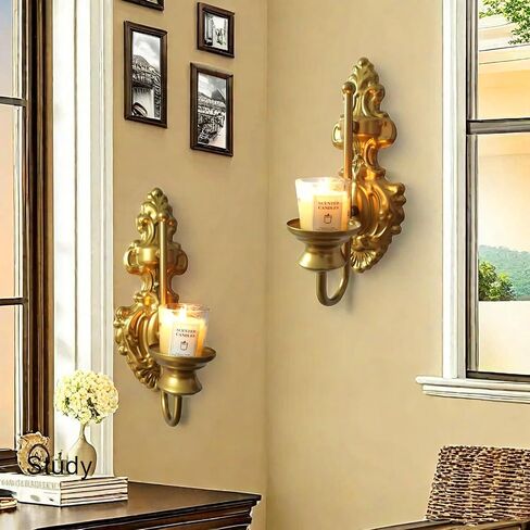 Wall Sconce Candle Holder, Metal Wall Mounted Candle Sconces, Iron Wall Pillar Candle Sconce for Room, Hallway, Entryway, Bathroom, 2 Pack (New Version,Gold) in Saudi Arabia