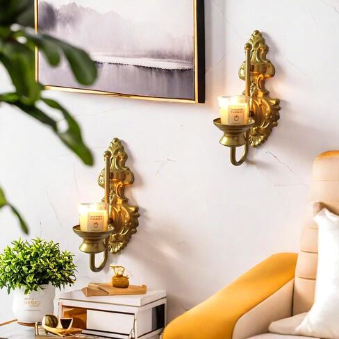 Wall Sconce Candle Holder, Metal Wall Mounted Candle Sconces, Iron Wall Pillar Candle Sconce for Room, Hallway, Entryway, Bathroom, 2 Pack (New Version,Gold) in Saudi Arabia
