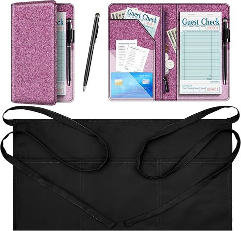 Glitter Leather Server Book with Zipper Pocket & Waist Short Apron & Pen for Waitress, Waiter, Bartender in Saudi Arabia