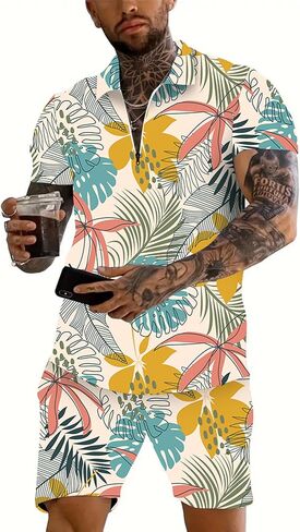 Men's Polo Shirt and Shorts Set Summer Casual Outfits Hawaiian Polo Suit for Men 2 Piece Short Set in Saudi Arabia