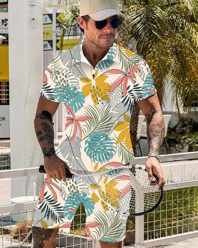 Men's Polo Shirt and Shorts Set Summer Casual Outfits Hawaiian Polo Suit for Men 2 Piece Short Set in Saudi Arabia