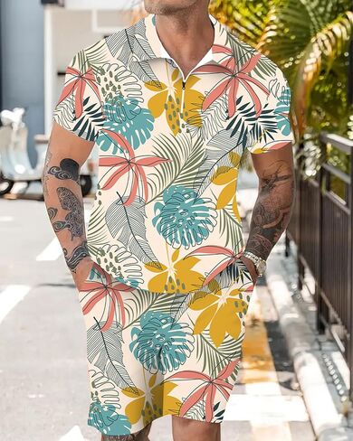 Men's Polo Shirt and Shorts Set Summer Casual Outfits Hawaiian Polo Suit for Men 2 Piece Short Set in Saudi Arabia