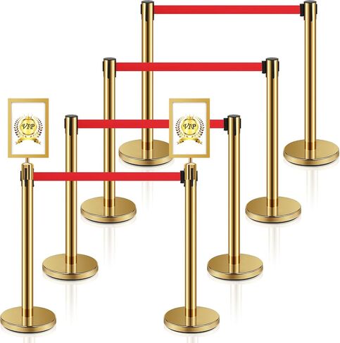 Ferraycle 8 Set Stainless Steel Stanchions with Retractable Belts 6.6 ft Crowd Control Ropes and Poles Line Dividers Rope Safety Barriers with 2 Stanchion Sign Holder Frame (Gold, Red) in Saudi Arabia