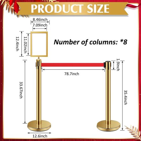 Ferraycle 8 Set Stainless Steel Stanchions with Retractable Belts 6.6 ft Crowd Control Ropes and Poles Line Dividers Rope Safety Barriers with 2 Stanchion Sign Holder Frame (Gold, Red) in Saudi Arabia
