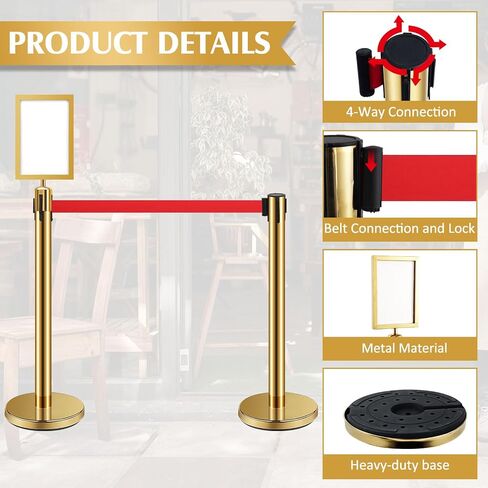 Ferraycle 8 Set Stainless Steel Stanchions with Retractable Belts 6.6 ft Crowd Control Ropes and Poles Line Dividers Rope Safety Barriers with 2 Stanchion Sign Holder Frame (Gold, Red) in Saudi Arabia