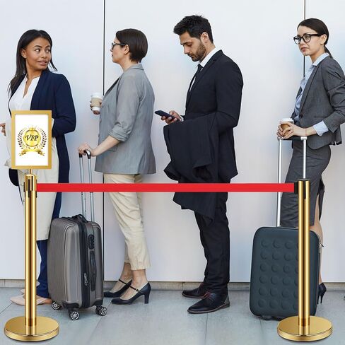 Ferraycle 8 Set Stainless Steel Stanchions with Retractable Belts 6.6 ft Crowd Control Ropes and Poles Line Dividers Rope Safety Barriers with 2 Stanchion Sign Holder Frame (Gold, Red) in Saudi Arabia