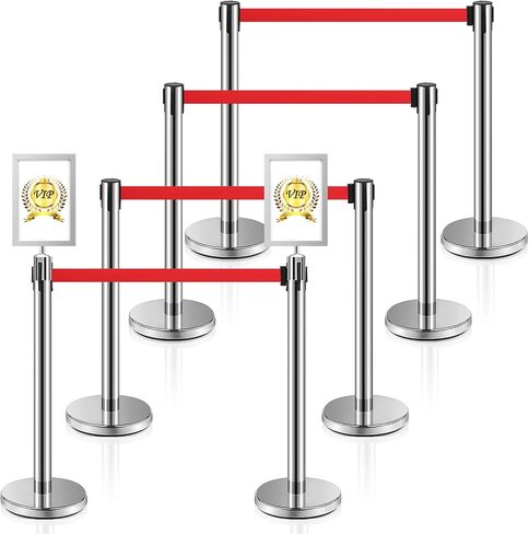 Ferraycle 8 Set Stainless Steel Stanchions with Retractable Belts 6.6 ft Crowd Control Ropes and Poles Line Dividers Rope Safety Barriers with 2 Stanchion Sign Holder Frame (Gold, Red) in Saudi Arabia