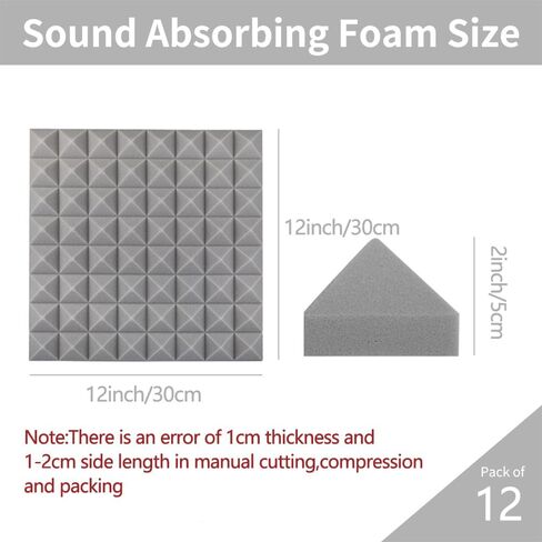 Acoustic Foam panels,Self-Adhesive Sound Absorbing Panels,12 X 12 X 2 inches Pyramid Style High Density for Studio Recording/Office/Home (Pack of 12,Gray)… in Saudi Arabia