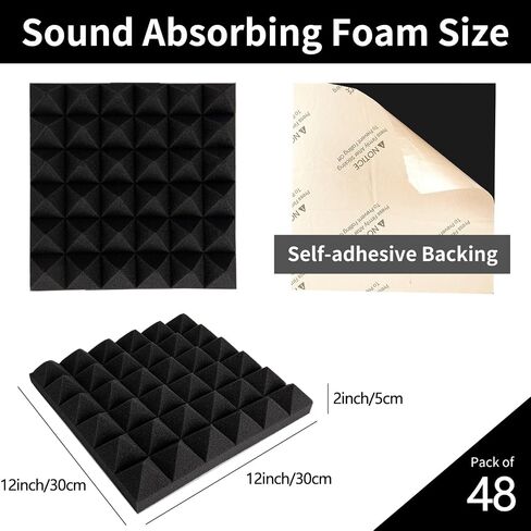 Acoustic Foam panels,Self-Adhesive Sound Absorbing Panels,12 X 12 X 2 inches Pyramid Style High Density for Studio Recording/Office/Home (Pack of 12,Gray)… in Saudi Arabia