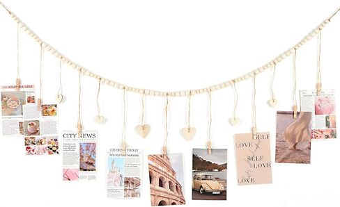 Hanging Photo Display with Clips, Photo Garland String with Wooden Beads, Boho Picture Frames Collage Wall Decor for Bedroom, Office, Dorm, and Party Decor(9Pcs Clips + 6Pcs Wooden Heart Tags) in Saudi Arabia