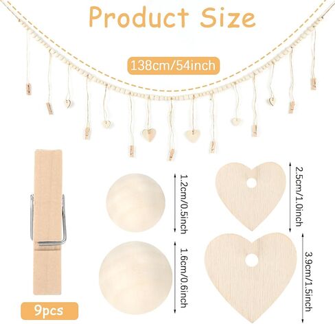 Hanging Photo Display with Clips, Photo Garland String with Wooden Beads, Boho Picture Frames Collage Wall Decor for Bedroom, Office, Dorm, and Party Decor(9Pcs Clips + 6Pcs Wooden Heart Tags) in Saudi Arabia