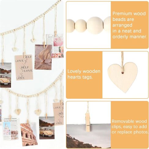 Hanging Photo Display with Clips, Photo Garland String with Wooden Beads, Boho Picture Frames Collage Wall Decor for Bedroom, Office, Dorm, and Party Decor(9Pcs Clips + 6Pcs Wooden Heart Tags) in Saudi Arabia