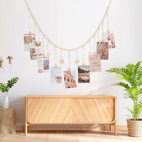Hanging Photo Display with Clips, Photo Garland String with Wooden Beads, Boho Picture Frames Collage Wall Decor for Bedroom, Office, Dorm, and Party Decor(9Pcs Clips + 6Pcs Wooden Heart Tags) in Saudi Arabia