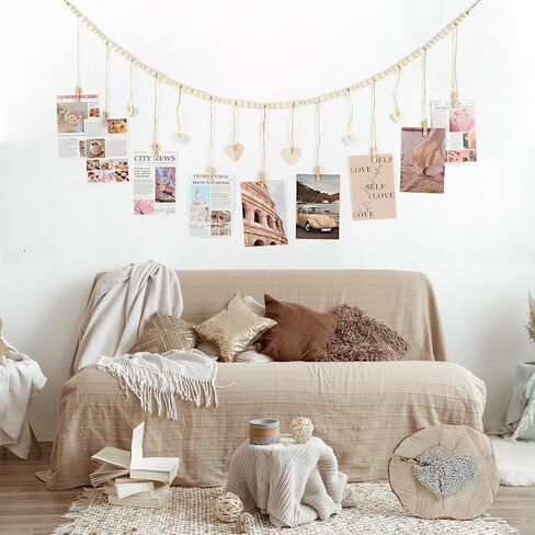 Hanging Photo Display with Clips, Photo Garland String with Wooden Beads, Boho Picture Frames Collage Wall Decor for Bedroom, Office, Dorm, and Party Decor(9Pcs Clips + 6Pcs Wooden Heart Tags) in Saudi Arabia