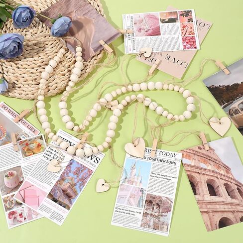 Hanging Photo Display with Clips, Photo Garland String with Wooden Beads, Boho Picture Frames Collage Wall Decor for Bedroom, Office, Dorm, and Party Decor(9Pcs Clips + 6Pcs Wooden Heart Tags) in Saudi Arabia