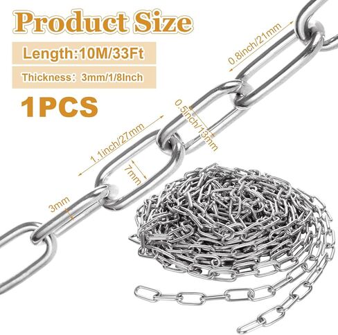 1/8'' x 33Ft Length Galvanized Steel Coil Chain, Silver Heavy Duty Chain Links, Metal Chain for Indoor and Outdoor Hanging, Pet Chain, Security Lock Chain in Kuwait