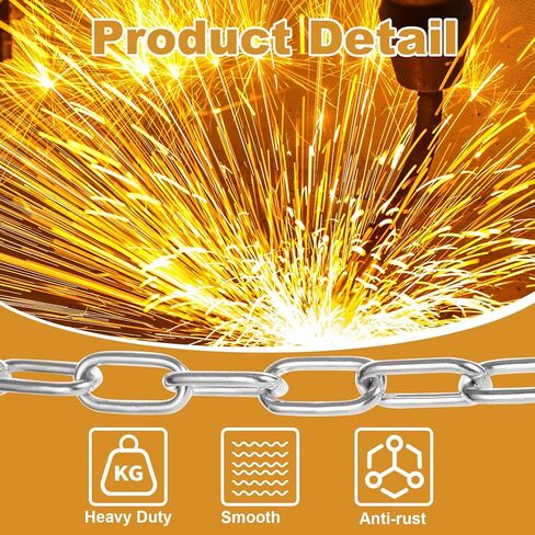 1/8'' x 33Ft Length Galvanized Steel Coil Chain, Silver Heavy Duty Chain Links, Metal Chain for Indoor and Outdoor Hanging, Pet Chain, Security Lock Chain in Kuwait