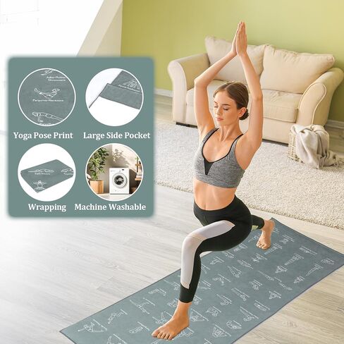 24 x72 Yoga Mat Towel,Non-Slip Hot Yoga Mat Towel with Yoga Pose Pattern,Corner Pockets Design Sweat Absorbent Yoga Towel Mat for Hot Yoga, Pilates and Workout（Grey） in Saudi Arabia