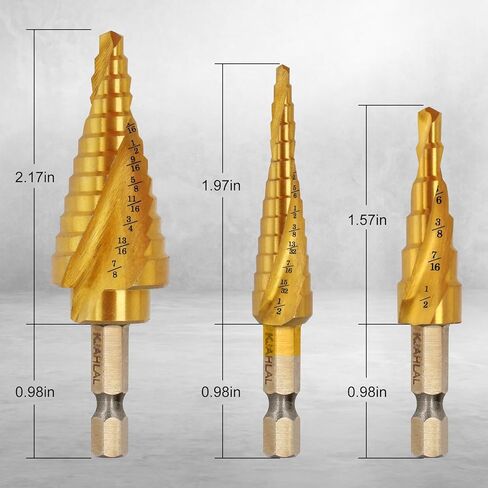 3 قطع من رؤوس الثقب للمعادن، رؤوس مثقاب مطلية بالتيتانيوم من الفولاذ عالي السرعة، لقم حفر مخروطية من الصلب عالية السرعة لقطع ثقب الصفائح المعدنية، 31 خطوة بأحجام مثقاب مستدقة in Kuwait