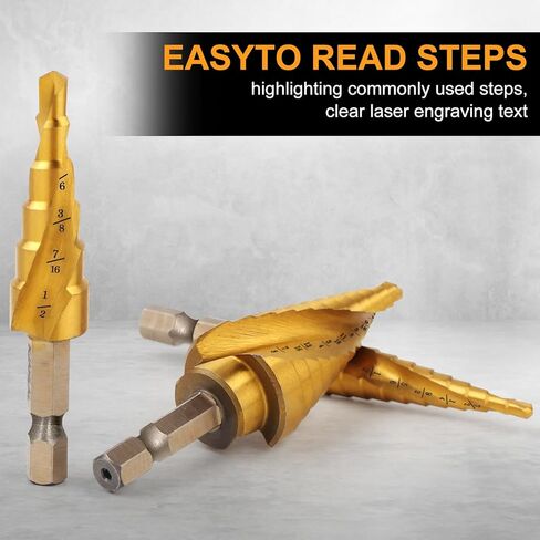 3 قطع من رؤوس الثقب للمعادن، رؤوس مثقاب مطلية بالتيتانيوم من الفولاذ عالي السرعة، لقم حفر مخروطية من الصلب عالية السرعة لقطع ثقب الصفائح المعدنية، 31 خطوة بأحجام مثقاب مستدقة in Kuwait