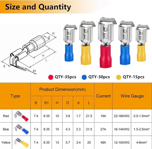 smseaces 80pcs 22-10AWG Piggy Back Spade Terminal Connectors 6.3mm(1/4") Piggyback Wire Connectors for Automotive,Audio systems,Household Appliances Double spade connector in Saudi Arabia