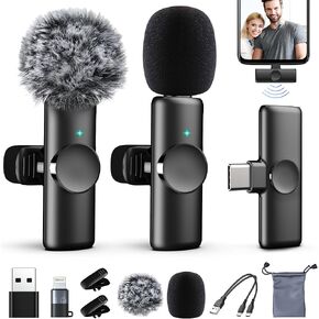 2 Packs Wireless Lavalier Microphone for iPhone 15/iPad/Android/Phone/PC/Laptop, Plug-Play Mini Mic with Noise Reduction, Lapel USB C Microphone for Video Recording, Interview, Vlogging