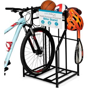 BIRDROCK HOME Bike Rack Garage Storage Floor Stand - Freestanding Organizer for Outdoor Yard - Upright Wall Mount for Scooters, Rakes, Motorcycles, Hoverboards, Gloves - Holds 4 Bicycle - Black