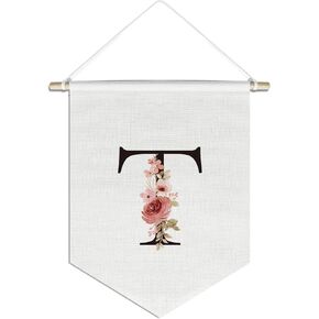 Letter T Flowers Poster Banner Flag,Canvas Hanging Pennant Flag Banner Wall Sign Decor Gift for Nursery Baby Kids Girl Boy Teen Bedroom Playroom,Monogrammed Initial Letter A