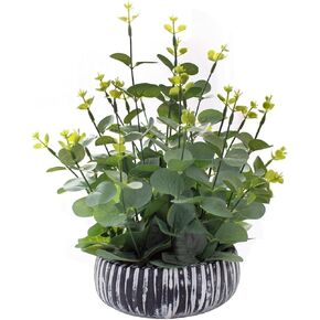 Artificial Plants Potted Real Looking Small Faux Plant with Rustic Black Cement Planter for Kitchen Office Desk Bookshelf Decor (Eucalyptus Plant)